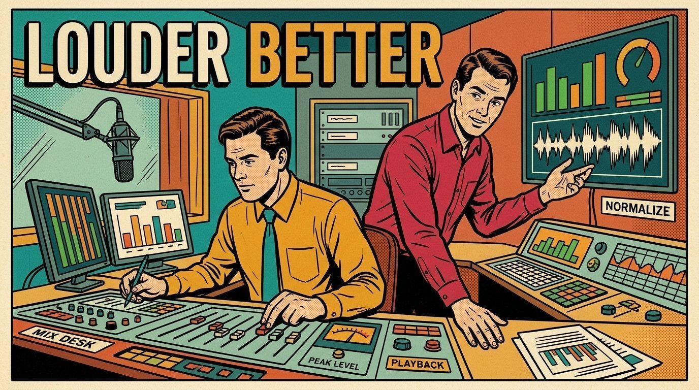 A 1960s mid-century comic book style editorial illustration showing two audio engineers at a mixing desk, with a mixing desk, a studio microphone on a boom arm, an audio waveform display visible in the frame.