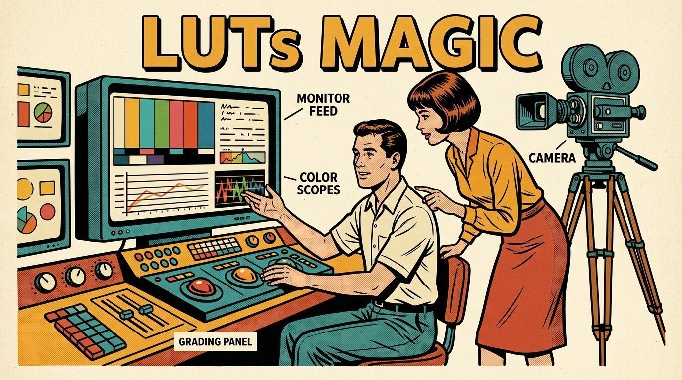 A 1960s mid-century comic book style editorial illustration showing a video editor and a director reviewing the cut together, with a colour grading panel with trackballs, a camera on a tripod visible in the frame.