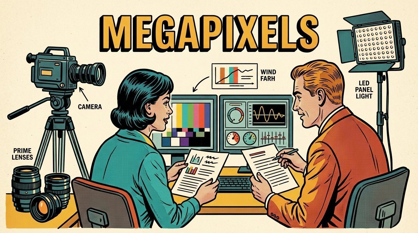 A 1960s mid-century comic book style editorial illustration showing a video editor and a director reviewing the cut together, with a camera on a tripod, a set of prime lenses, an LED panel light on a stand visible in the frame.