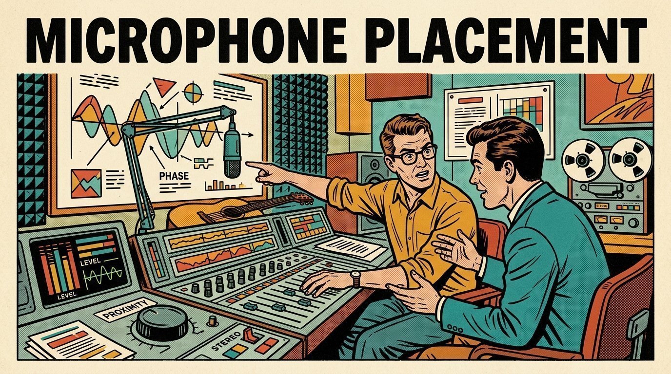 A 1960s mid-century comic book style editorial illustration showing two audio engineers at a mixing desk, with a studio microphone on a boom arm visible in the frame.
