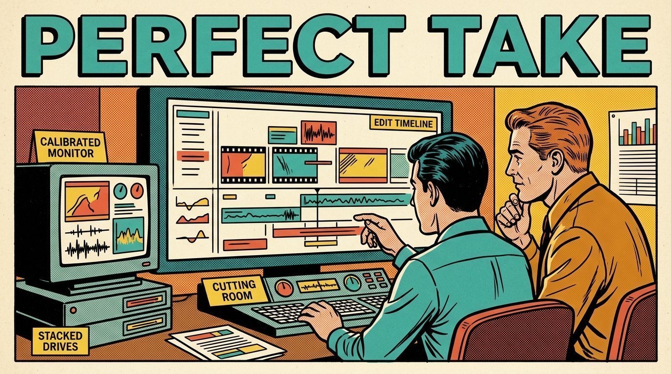 A 1960s mid-century comic book style editorial illustration showing a video editor and a director reviewing the cut together, with an edit timeline on a large screen, a calibrated monitor, stacked storage drives visible in the frame.