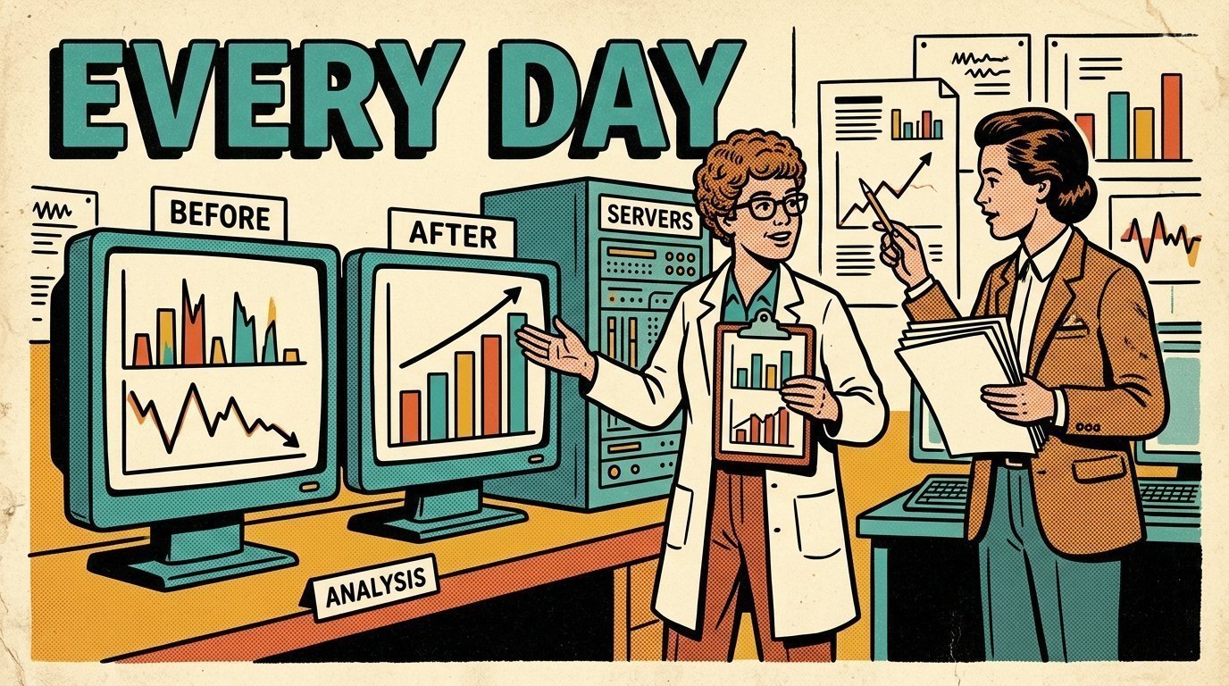 A 1960s mid-century comic book style editorial illustration showing a researcher and an editor comparing machine output against a reference, with two monitors showing a before and after comparison, a rack of servers visible in the frame.