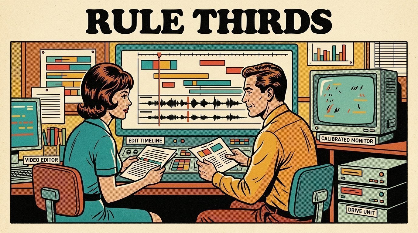 A 1960s mid-century comic book style editorial illustration showing a video editor and a director reviewing the cut together, with an edit timeline on a large screen, a calibrated monitor, stacked storage drives visible in the frame.
