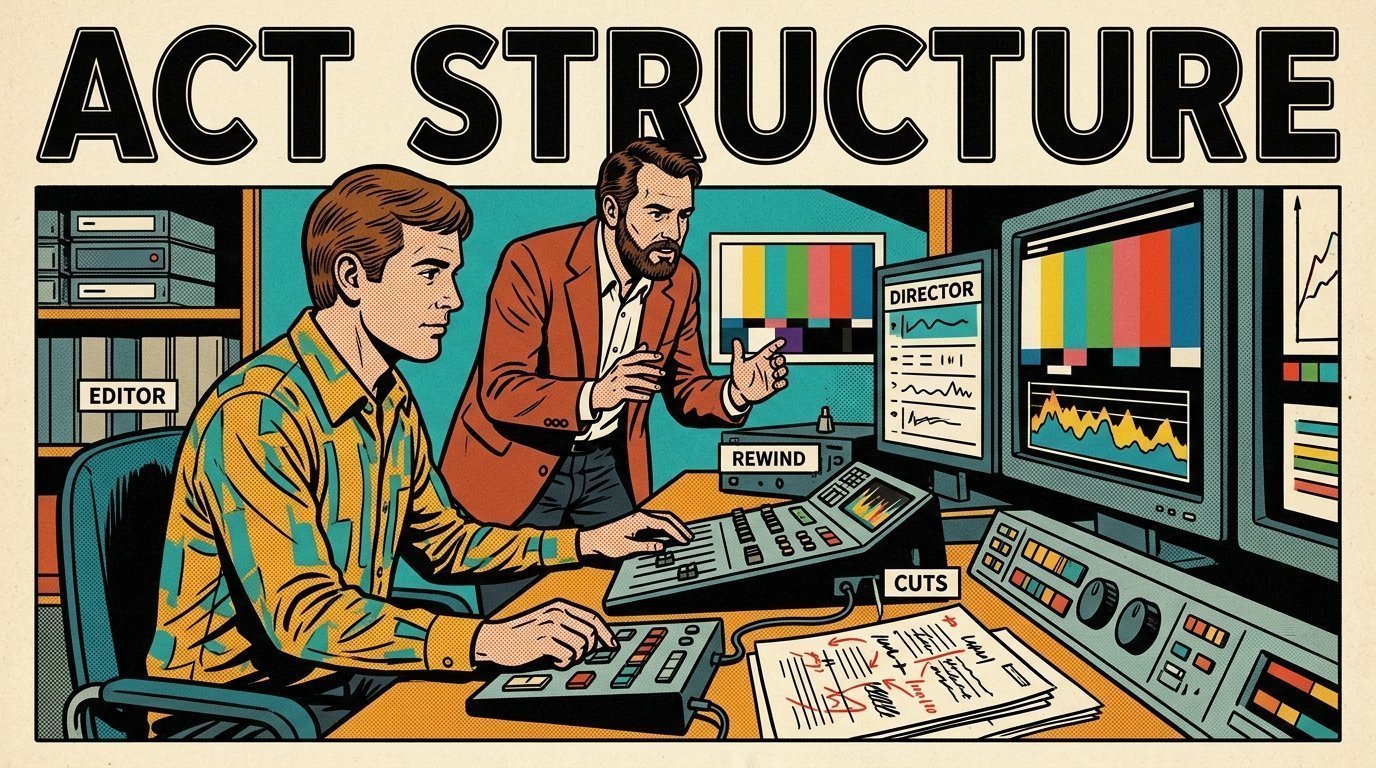A 1960s mid-century comic book style editorial illustration showing a video editor and a director reviewing the cut together, with a marked-up script on the desk, stacked storage drives visible in the frame.