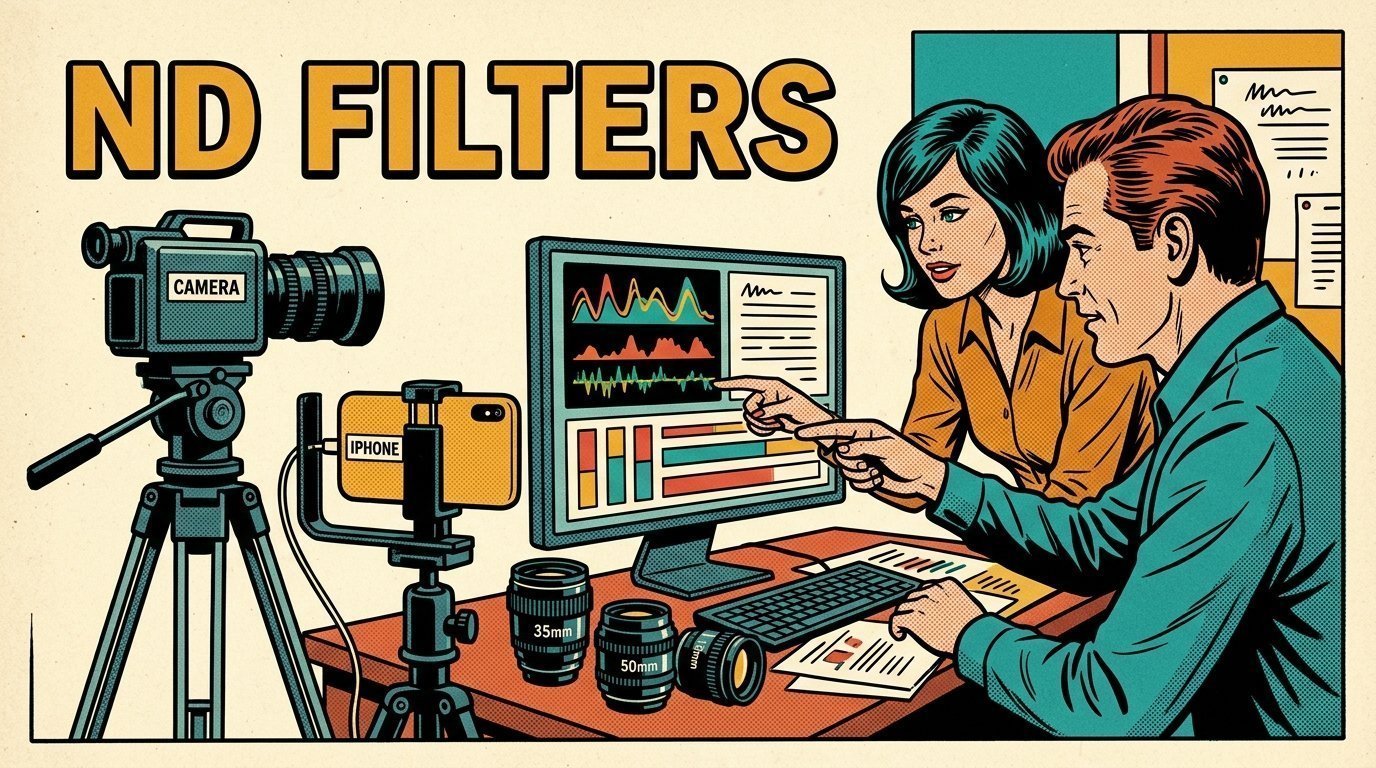 A 1960s mid-century comic book style editorial illustration showing a video editor and a director reviewing the cut together, with a camera on a tripod, a phone clamped to a rig, a set of prime lenses visible in the frame.