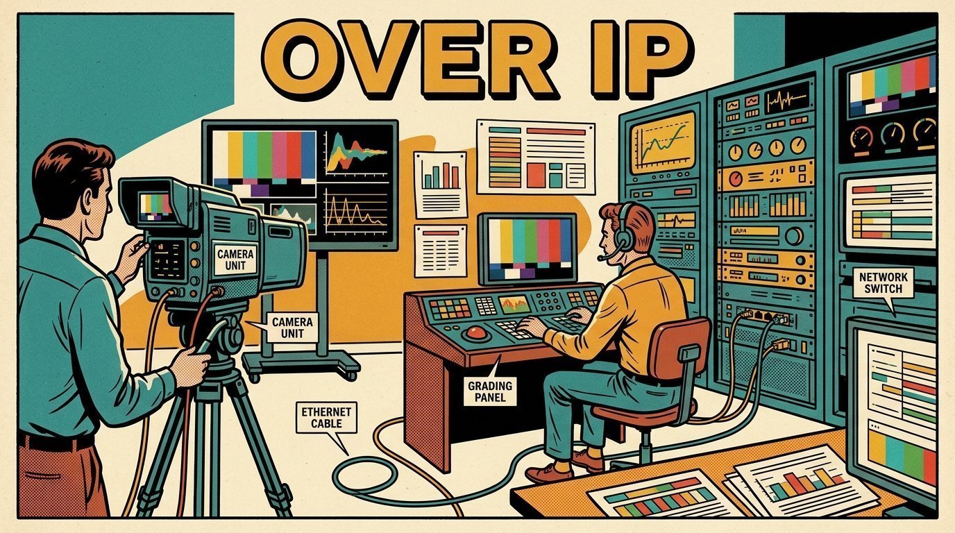 A 1960s mid-century comic book style editorial illustration showing a streaming operator watching a wall of encoders, with a camera on a tripod, a colour grading panel with trackballs, a calibrated monitor visible in the frame.