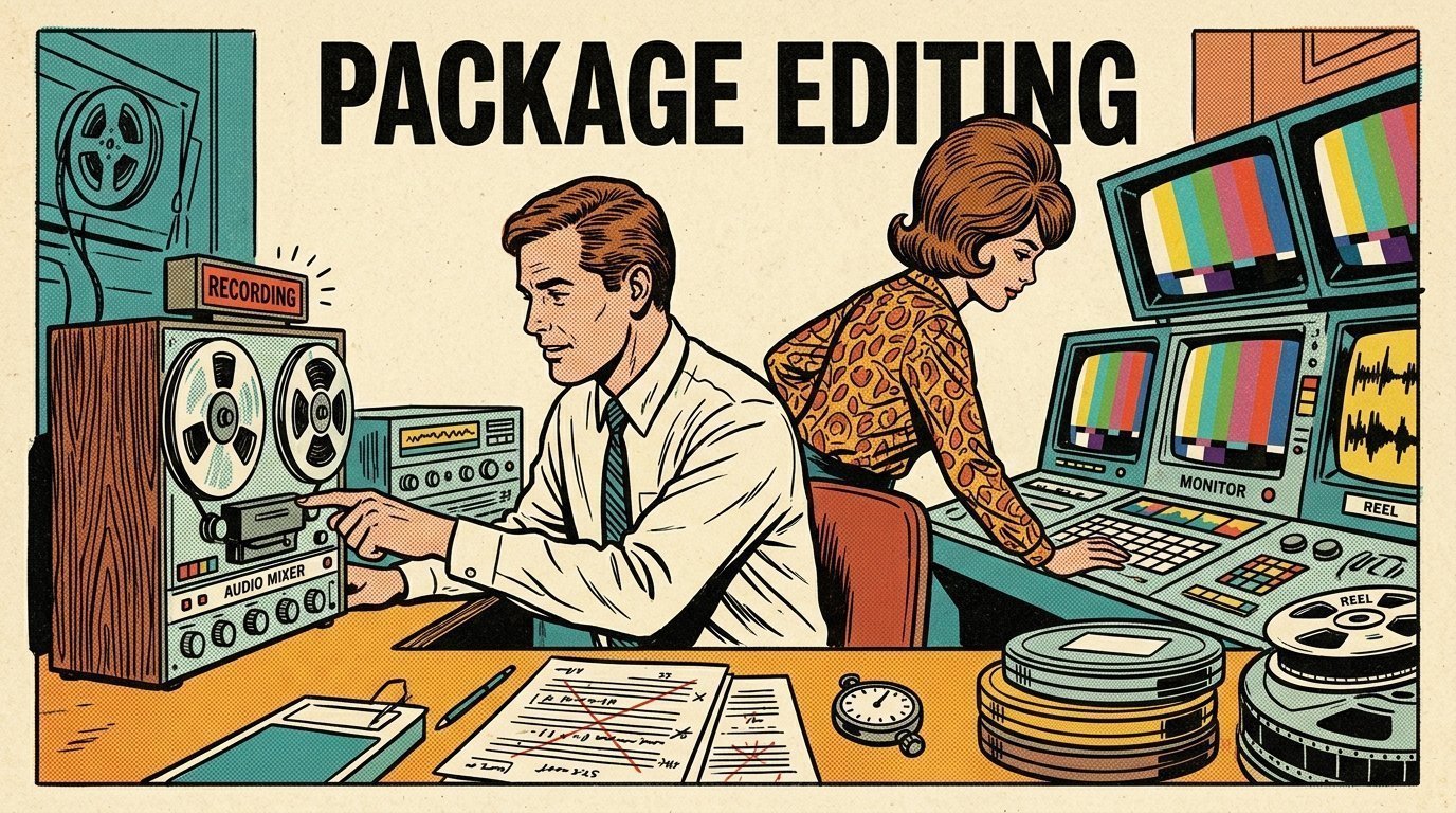A 1960s mid-century comic book style editorial illustration showing a broadcast journalist and a producer in a newsroom, with a marked-up script on the desk visible in the frame.