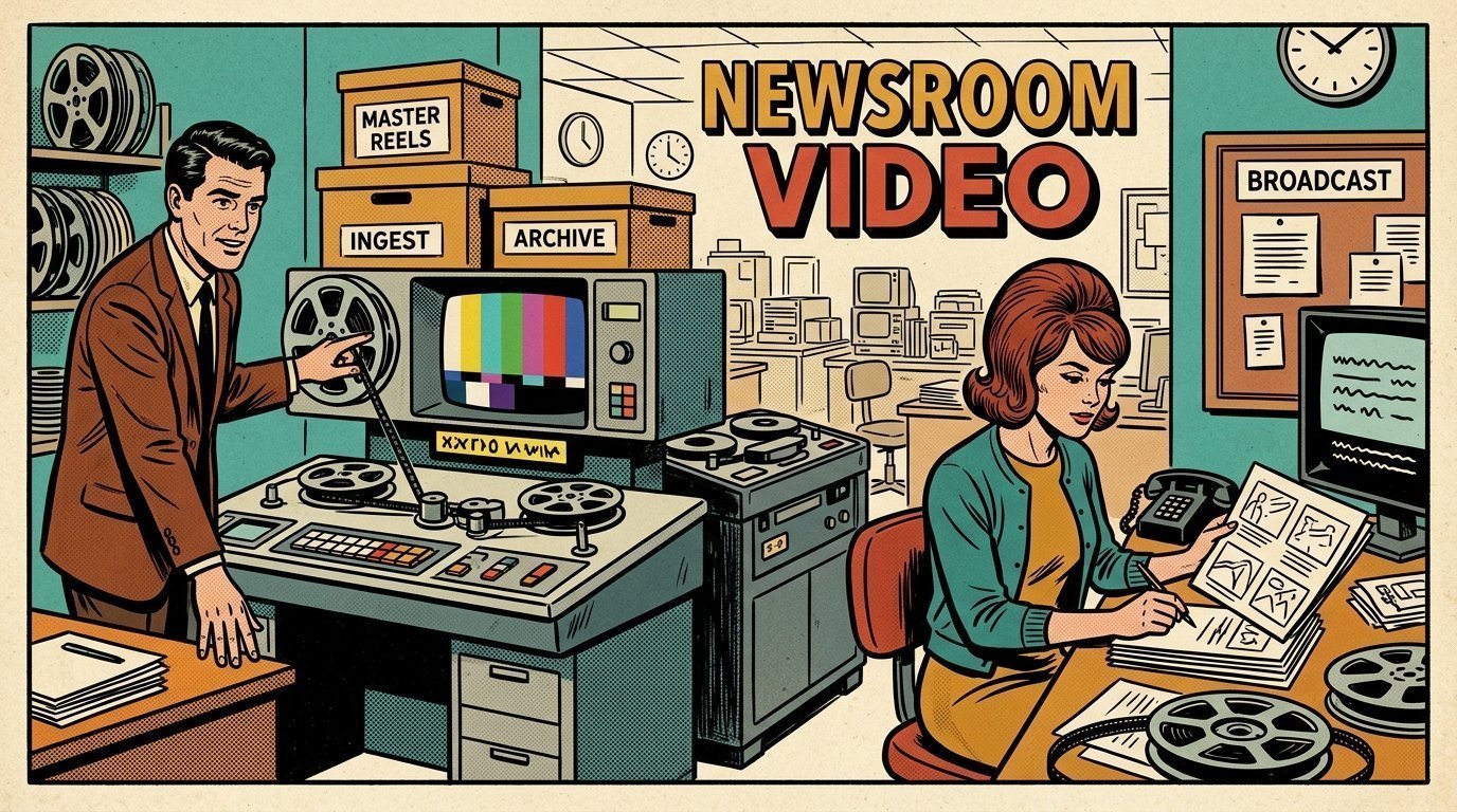 A 1960s mid-century comic book style editorial illustration showing a broadcast journalist and a producer in a newsroom, with caption bars beneath a picture, labelled archive boxes and reels visible in the frame.