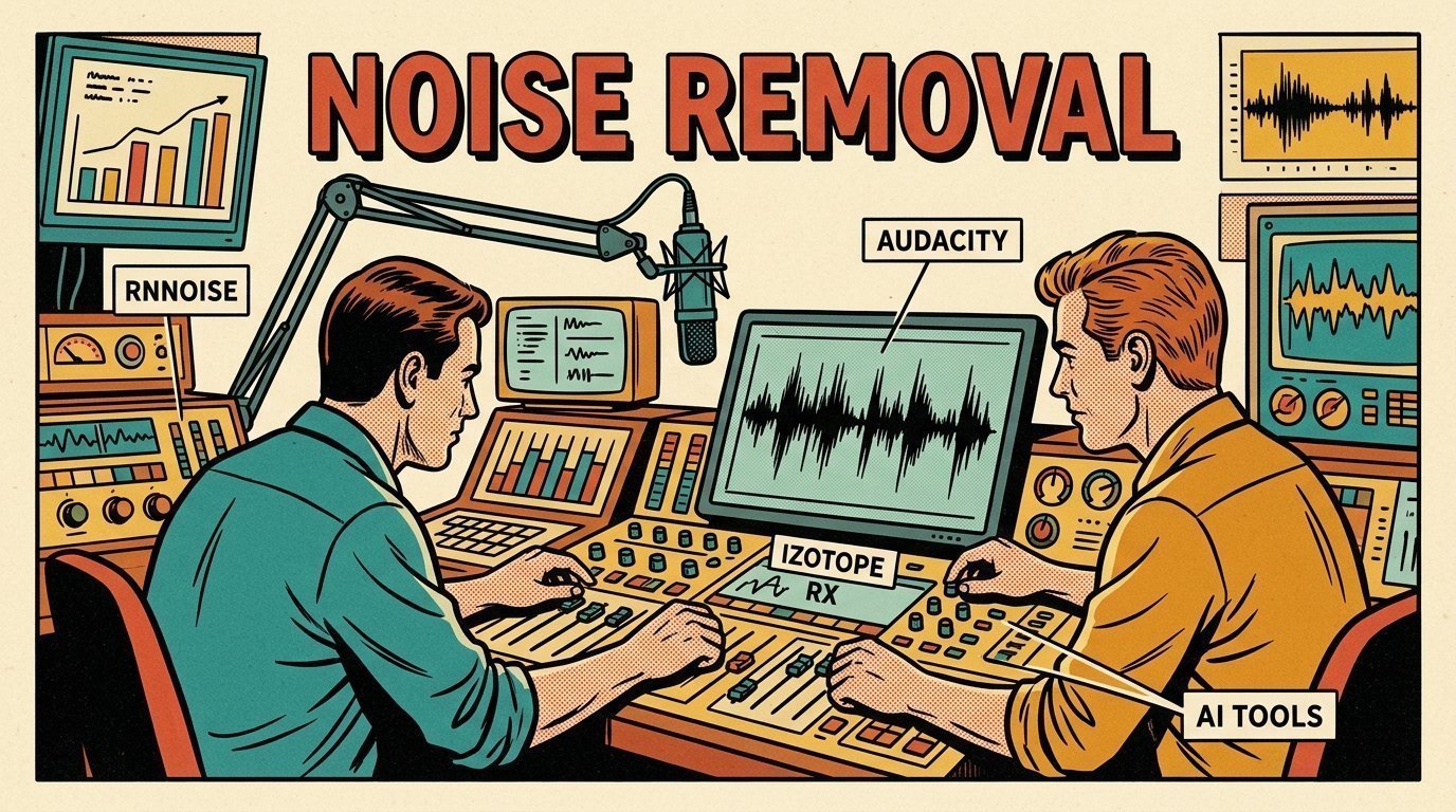 A 1960s mid-century comic book style editorial illustration showing two audio engineers at a mixing desk, with a mixing desk, a studio microphone on a boom arm, an audio waveform display visible in the frame.