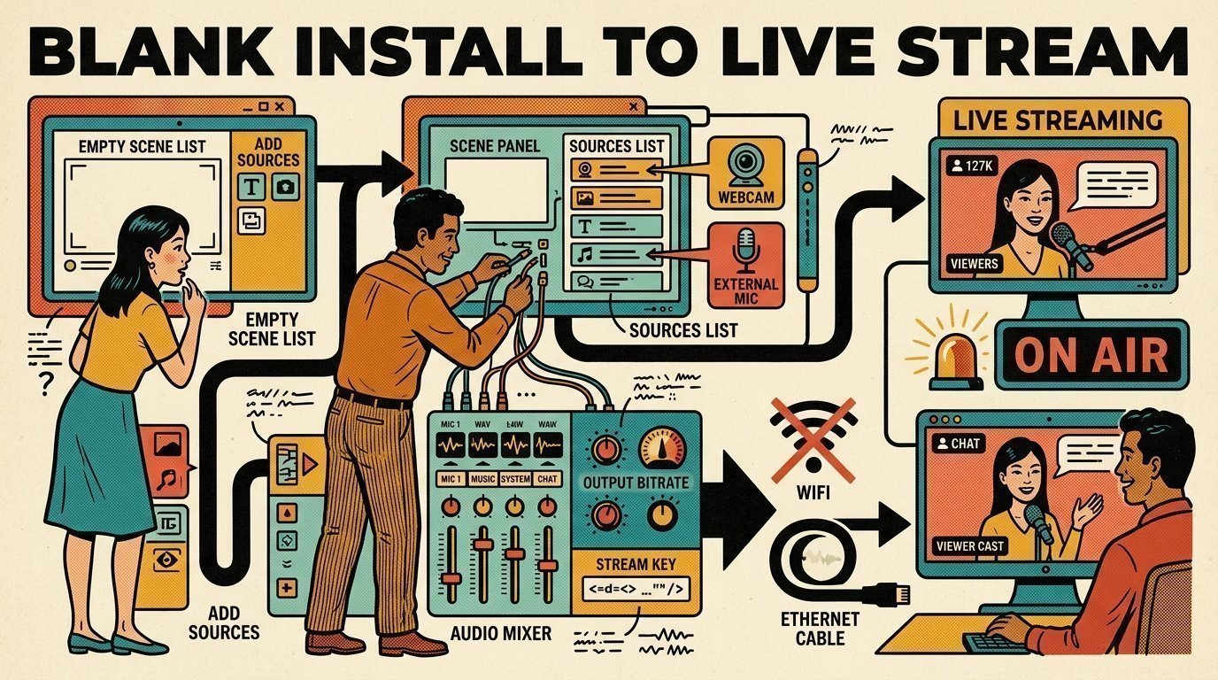 A 1960s mid-century comic book style editorial illustration of a streamer and technician building scenes and sources, routing audio channels and configuring output settings for a first livestream.