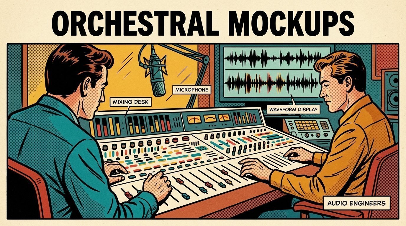 A 1960s mid-century comic book style editorial illustration showing two audio engineers at a mixing desk, with a mixing desk, a studio microphone on a boom arm, an audio waveform display visible in the frame.