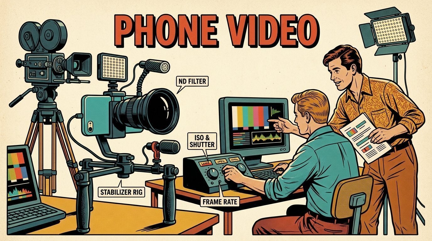 A 1960s mid-century comic book style editorial illustration showing a video editor and a director reviewing the cut together, with a phone clamped to a rig, a camera on a tripod, an LED panel light on a stand visible in the frame.
