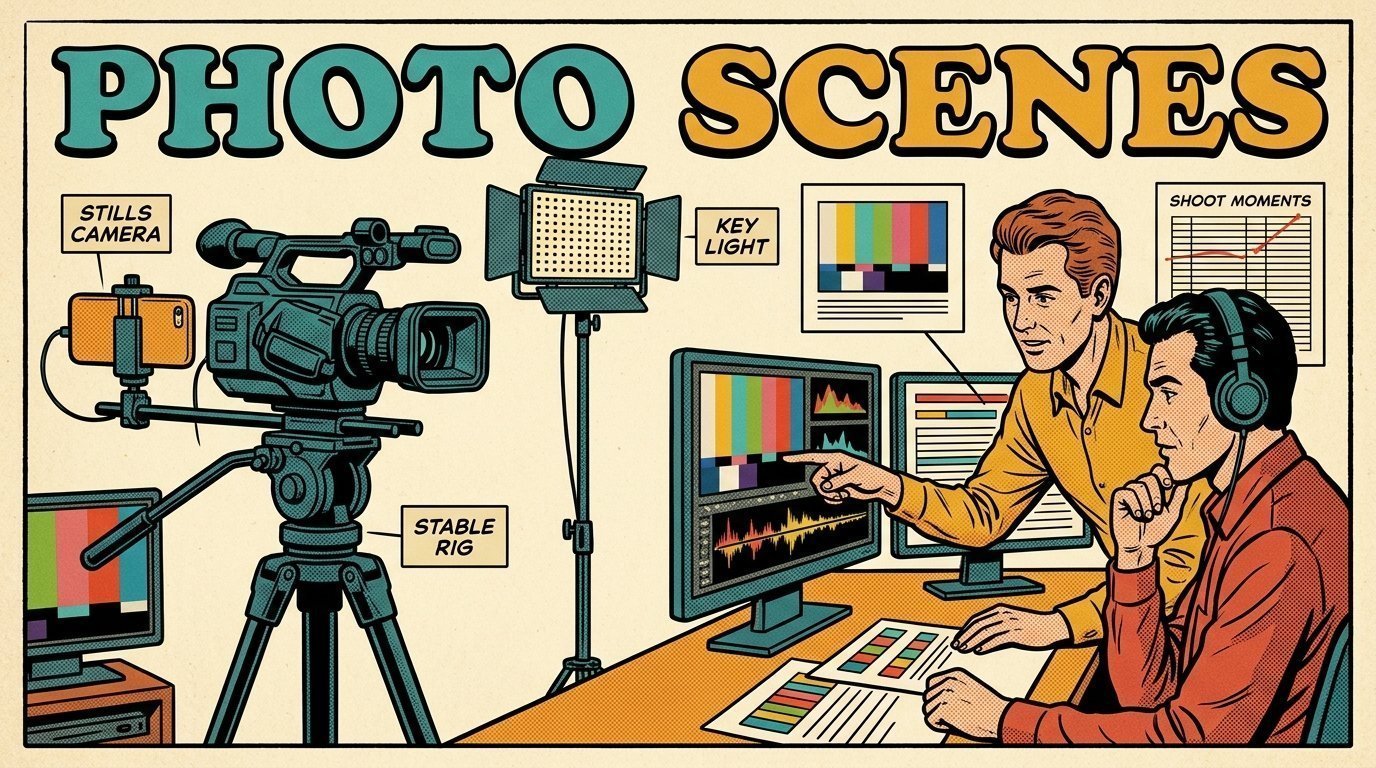 A 1960s mid-century comic book style editorial illustration showing a video editor and a director reviewing the cut together, with a camera on a tripod, a phone clamped to a rig, an LED panel light on a stand visible in the frame.