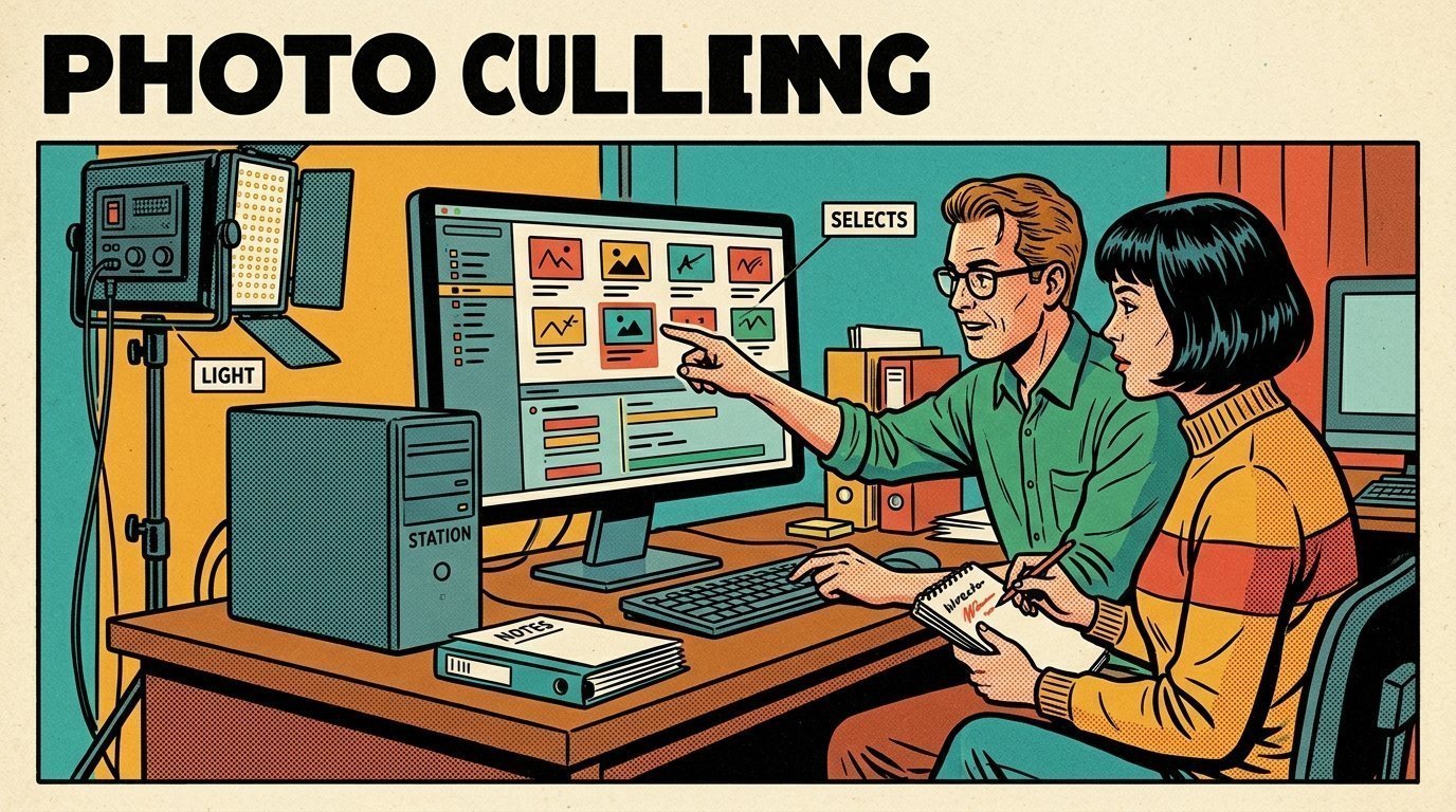 A 1960s mid-century comic book style editorial illustration showing a video editor and a director reviewing the cut together, with an LED panel light on a stand visible in the frame.