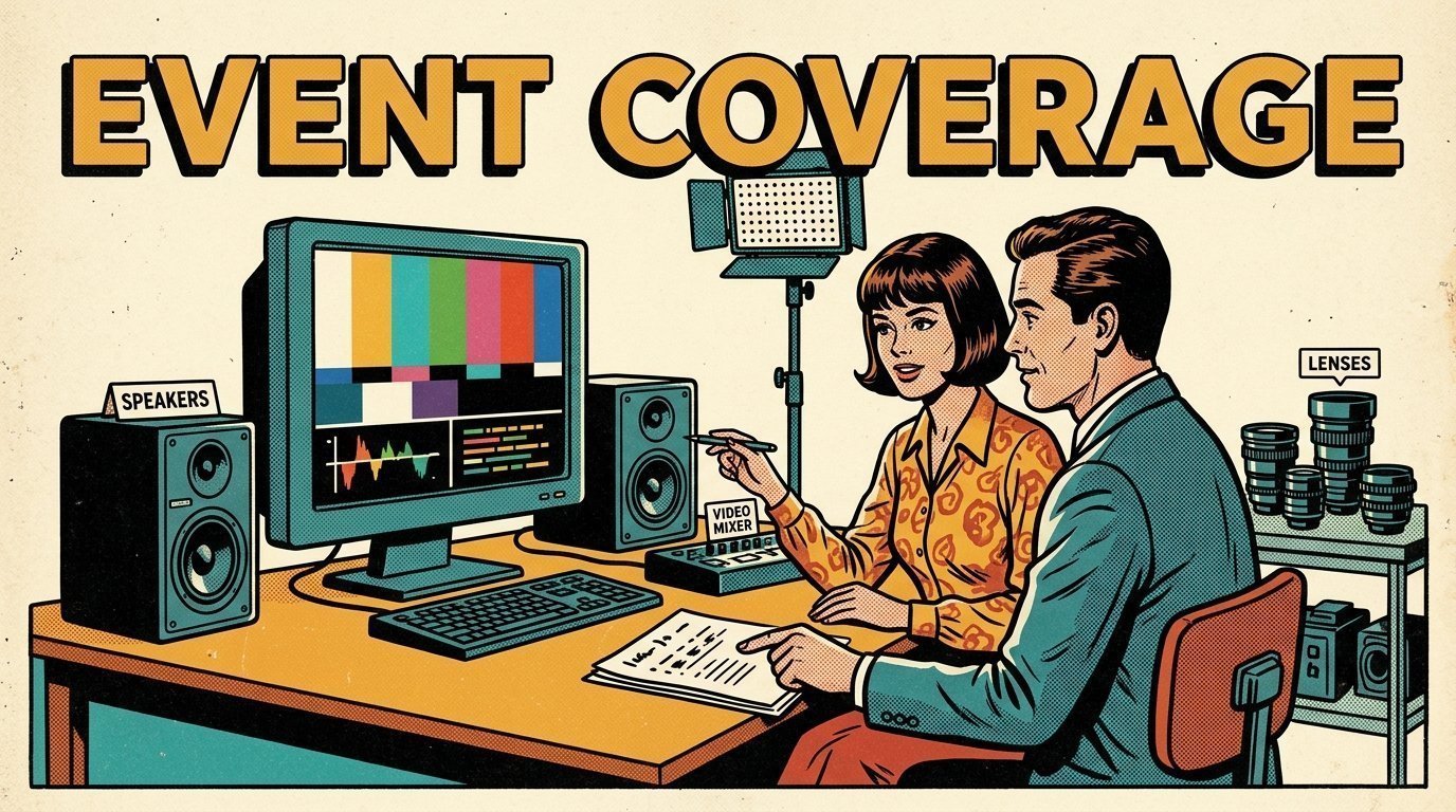 A 1960s mid-century comic book style editorial illustration showing a video editor and a director reviewing the cut together, with a pair of studio monitors, an LED panel light on a stand, a set of prime lenses visible in the frame.