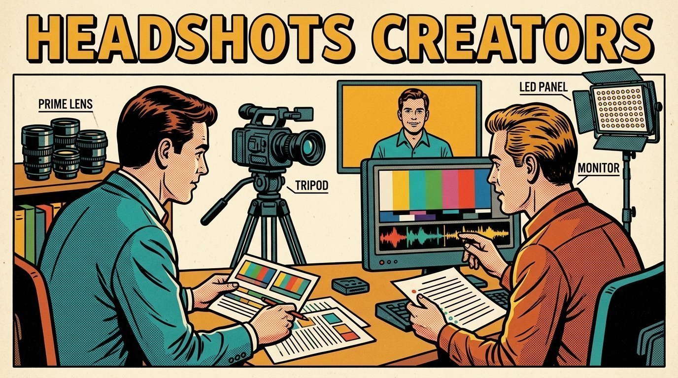 A 1960s mid-century comic book style editorial illustration showing a video editor and a director reviewing the cut together, with a camera on a tripod, a set of prime lenses, an LED panel light on a stand visible in the frame.