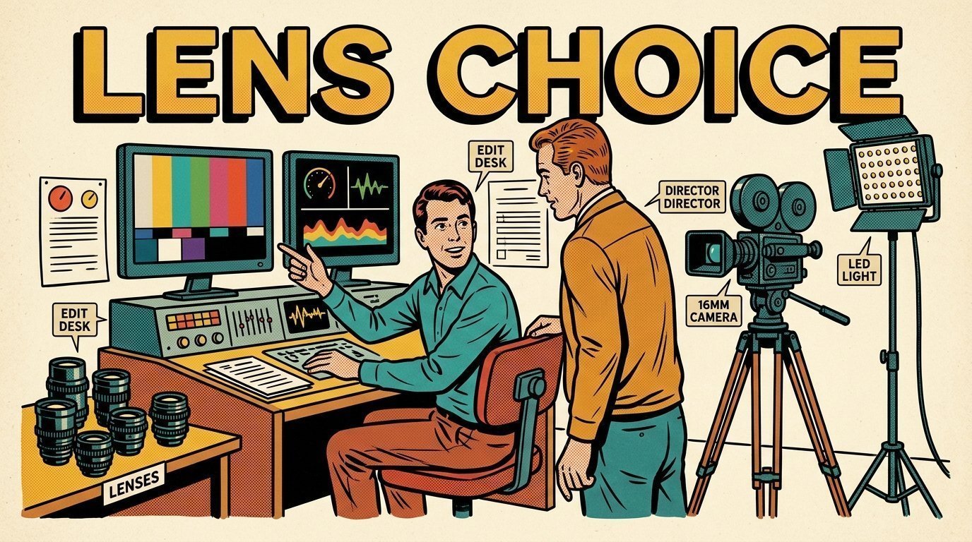 A 1960s mid-century comic book style editorial illustration showing a video editor and a director reviewing the cut together, with a set of prime lenses, a camera on a tripod, an LED panel light on a stand visible in the frame.