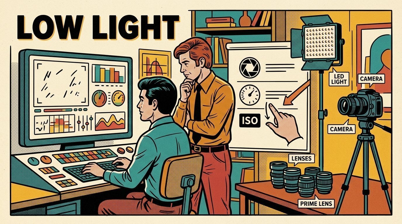 A 1960s mid-century comic book style editorial illustration showing a video editor and a director reviewing the cut together, with an LED panel light on a stand, a camera on a tripod, a set of prime lenses visible in the frame.