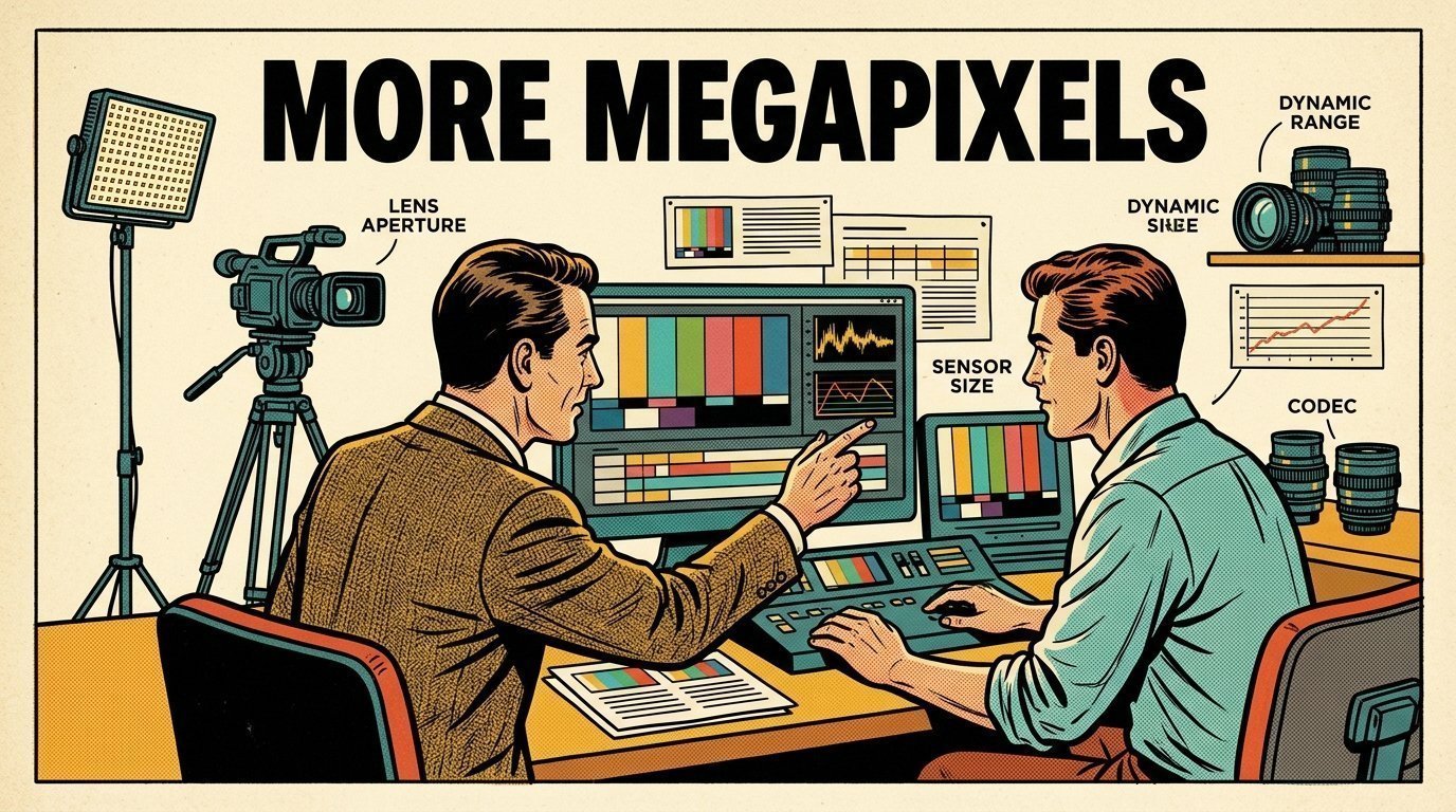A 1960s mid-century comic book style editorial illustration showing a video editor and a director reviewing the cut together, with a camera on a tripod, an LED panel light on a stand, a set of prime lenses visible in the frame.