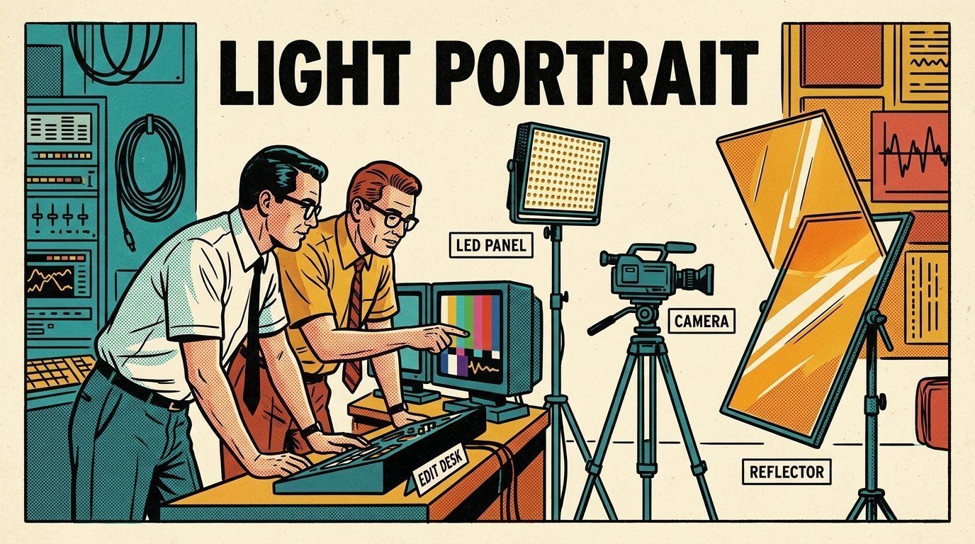 A 1960s mid-century comic book style editorial illustration showing a video editor and a director reviewing the cut together, with an LED panel light on a stand, a camera on a tripod visible in the frame.