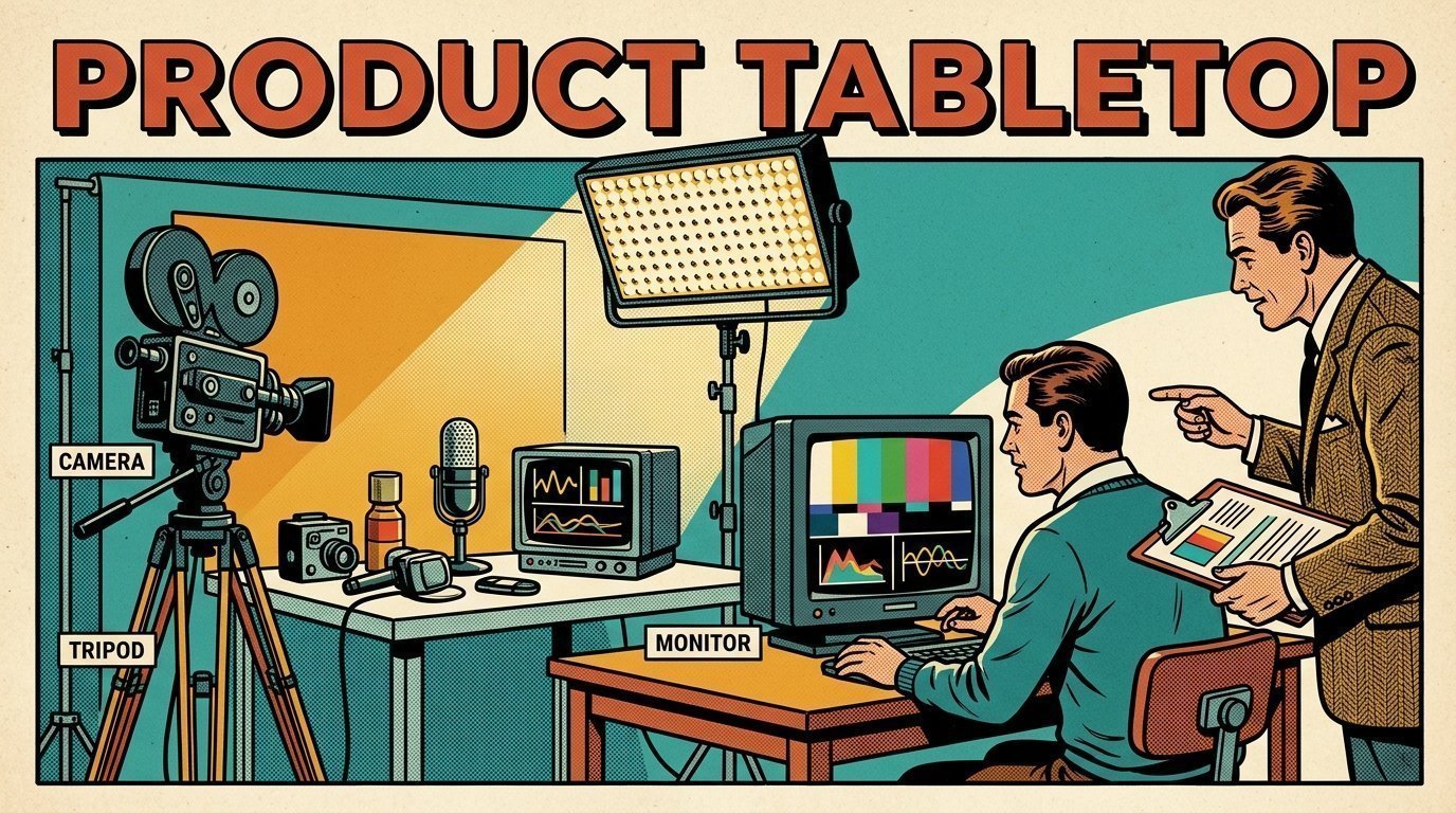 A 1960s mid-century comic book style editorial illustration showing a video editor and a director reviewing the cut together, with an LED panel light on a stand, a camera tripod, a camera on a tripod visible in the frame.