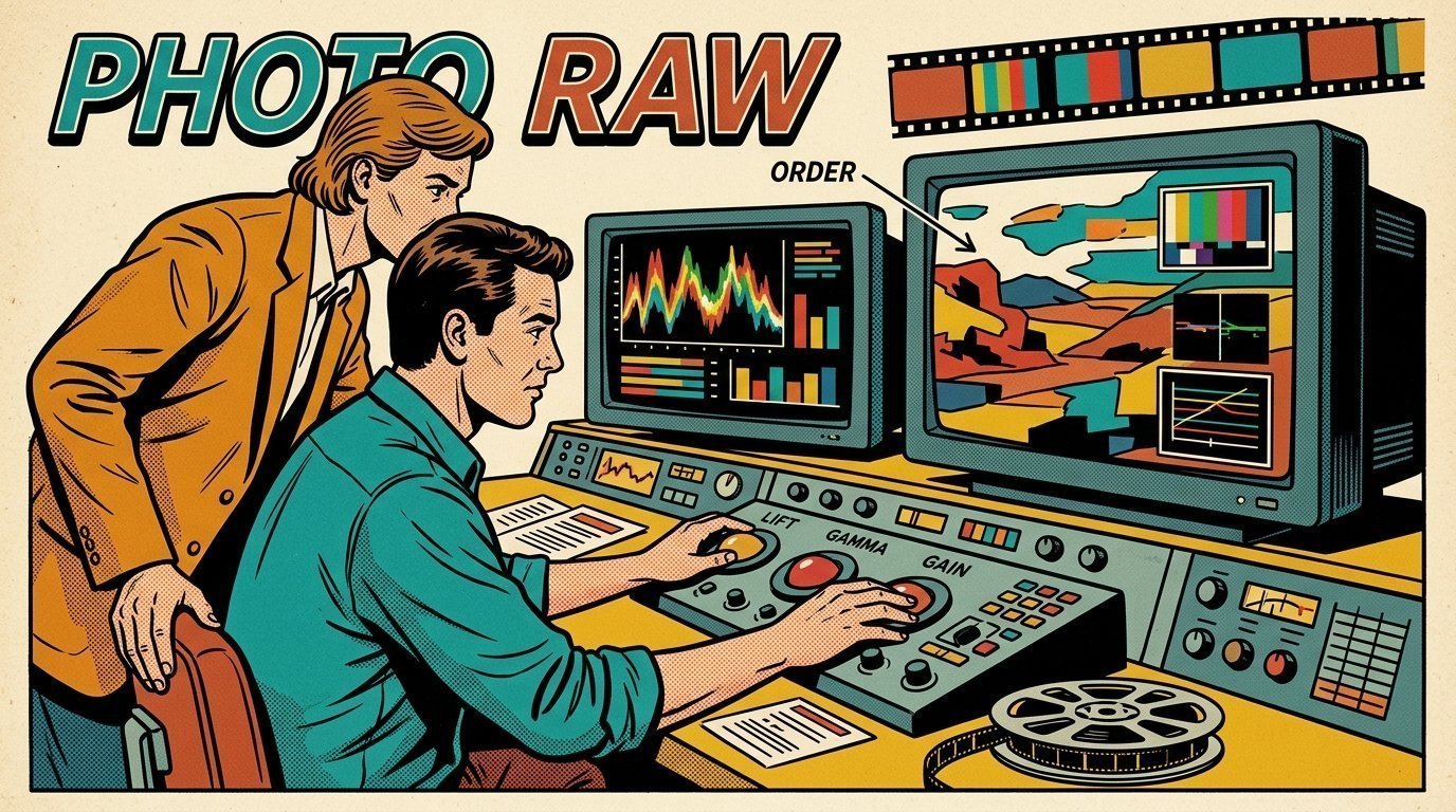 A 1960s mid-century comic book style editorial illustration showing a video editor and a director reviewing the cut together, with a colour grading panel with trackballs visible in the frame.