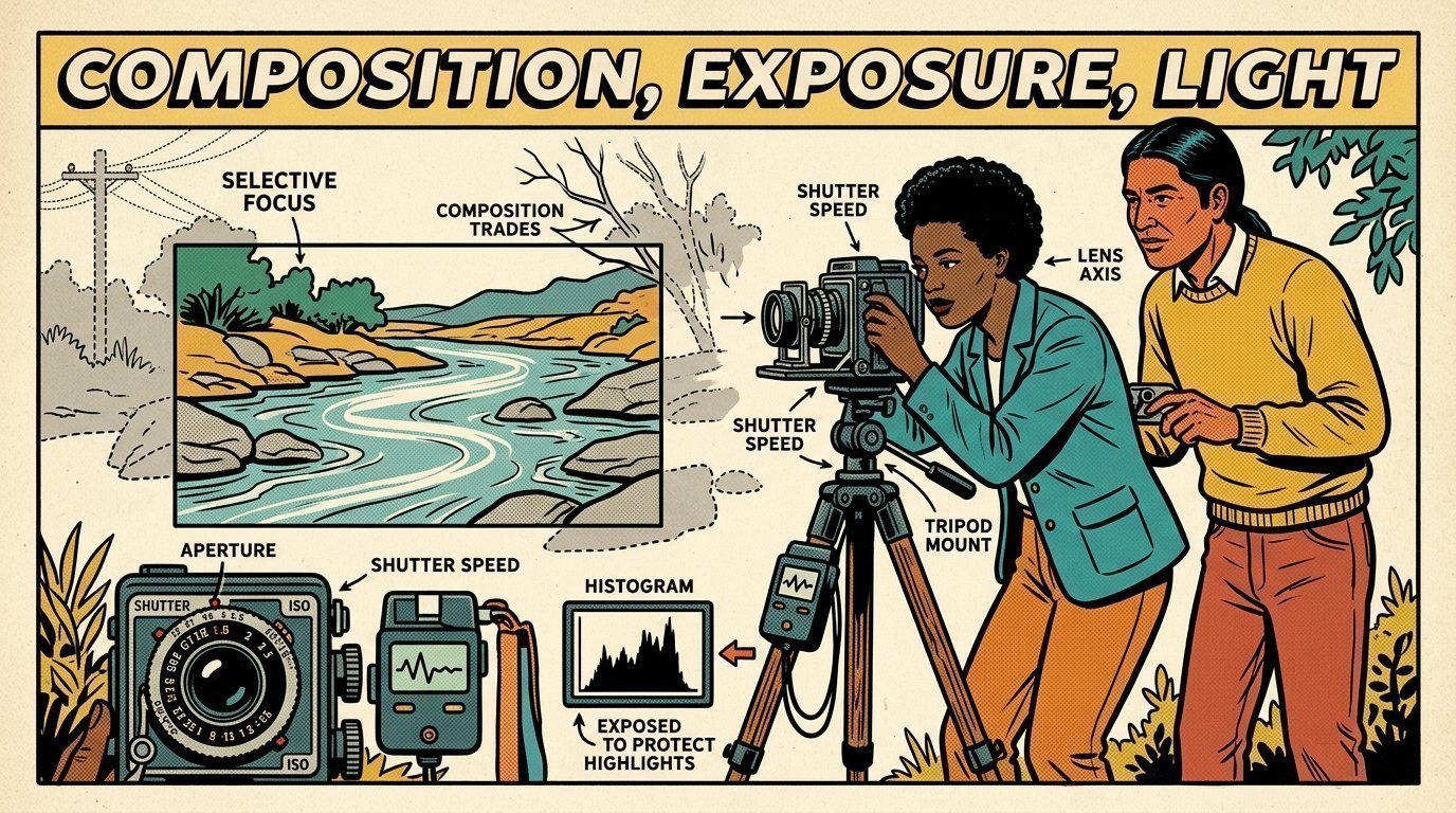 A 1960s mid-century comic book style editorial illustration of photographers working manual exposure trades, a raw histogram protecting highlights, a long exposure on a tripod and composition by exclusion.