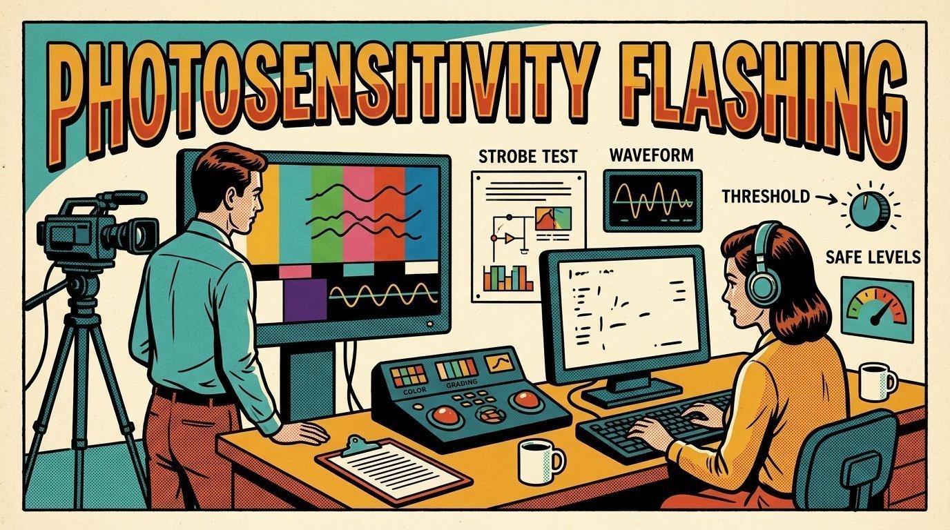 A 1960s mid-century comic book style editorial illustration showing an accessibility specialist and a colleague testing with a screen reader, with a colour grading panel with trackballs, a camera on a tripod visible in the frame.