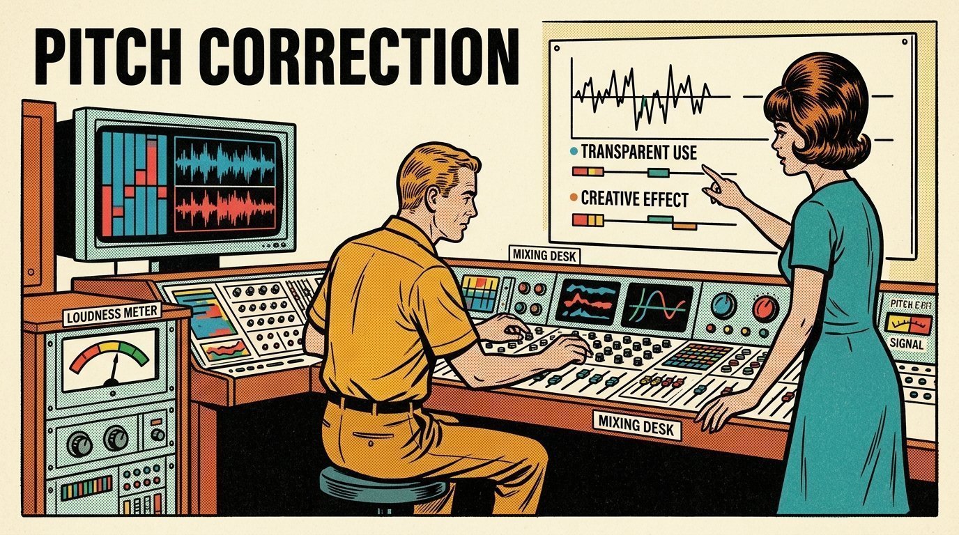 A 1960s mid-century comic book style editorial illustration showing two audio engineers at a mixing desk, with a wall chart of figures, a loudness meter visible in the frame.