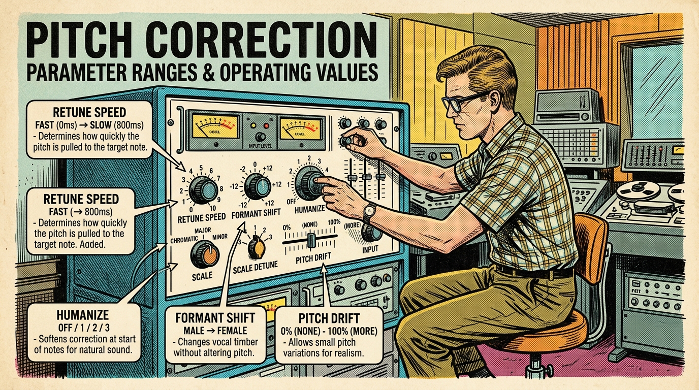 A 1960s mid-century comic book style editorial illustration depicting a sound engineer calibrating retune speed knobs, formant shifts, humanize dials, and pitch drift sliders on a pitch processor console.