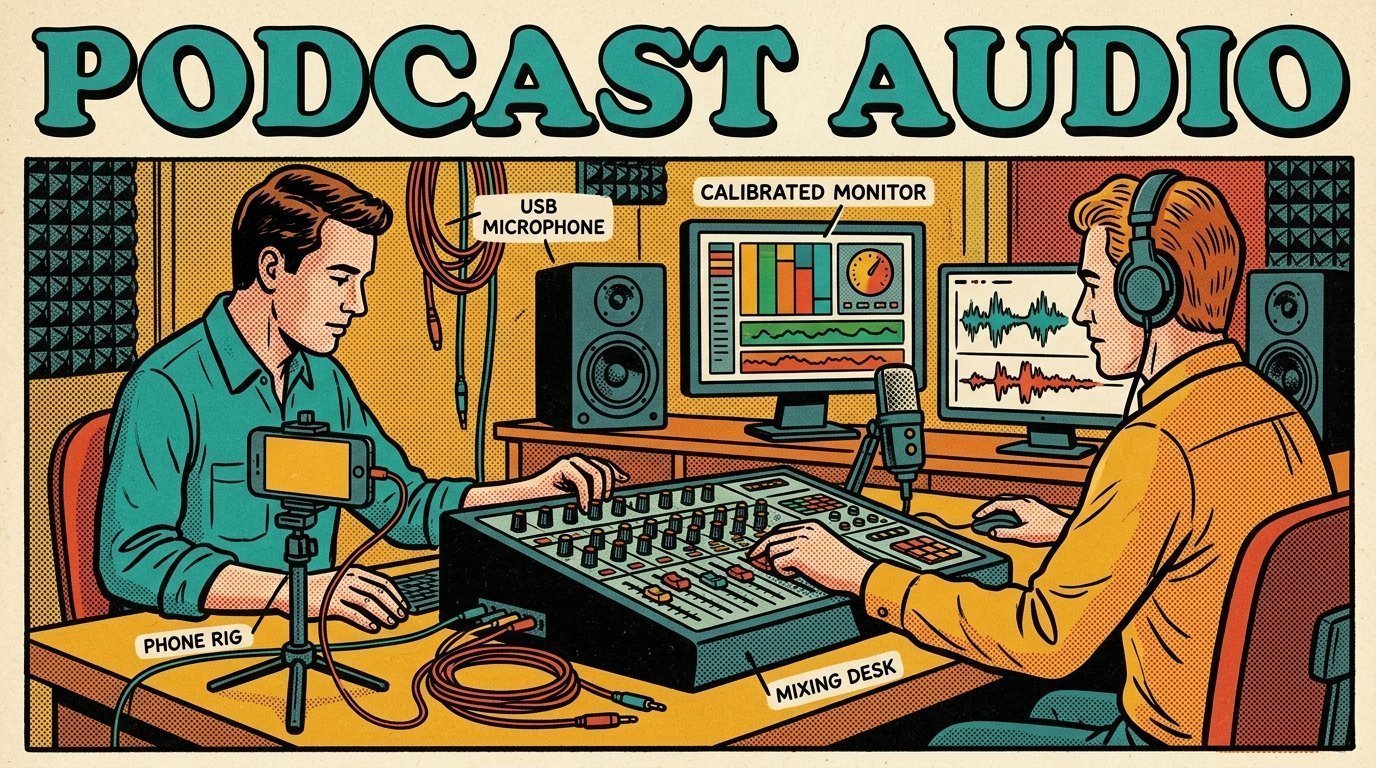 A 1960s mid-century comic book style editorial illustration showing two audio engineers at a mixing desk, with a phone clamped to a rig, a pair of studio monitors, a calibrated monitor visible in the frame.