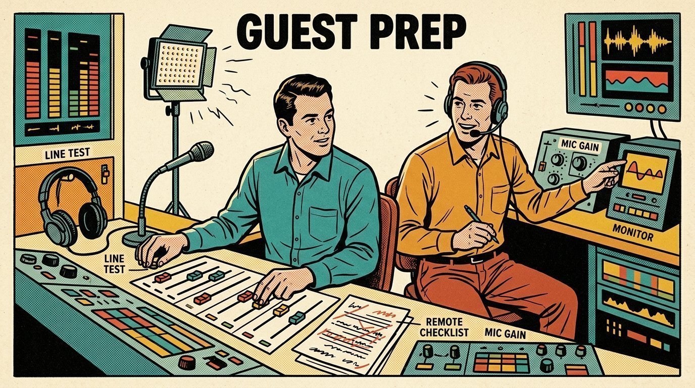 A 1960s mid-century comic book style editorial illustration showing two audio engineers at a mixing desk, with closed-back headphones, an LED panel light on a stand, a marked-up script on the desk visible in the frame.