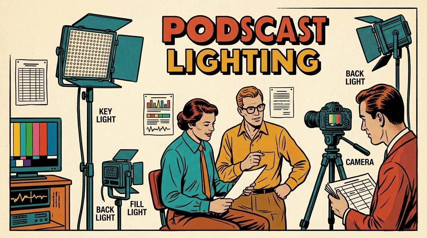 A 1960s mid-century comic book style editorial illustration showing a video editor and a director reviewing the cut together, with an LED panel light on a stand, a camera on a tripod, a colour grading panel with trackballs visible in the frame.