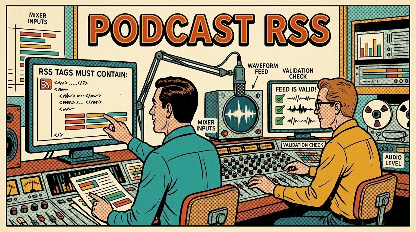 A 1960s mid-century comic book style editorial illustration showing two audio engineers at a mixing desk, with a mixing desk, a studio microphone on a boom arm, an audio waveform display visible in the frame.