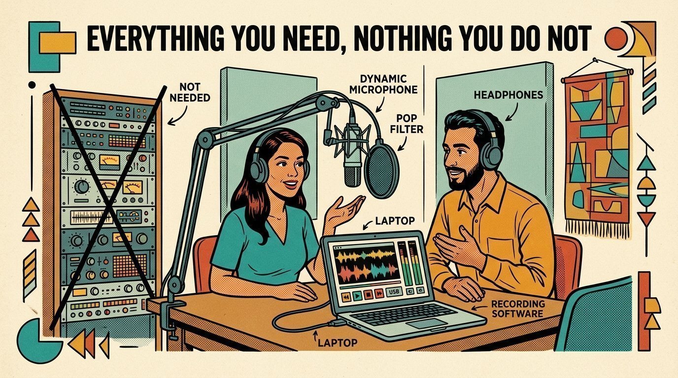 A 1960s mid-century comic book style editorial illustration of podcast hosts recording with one microphone on a boom arm, pop filter, closed-back headphones and free software in a simply treated room.