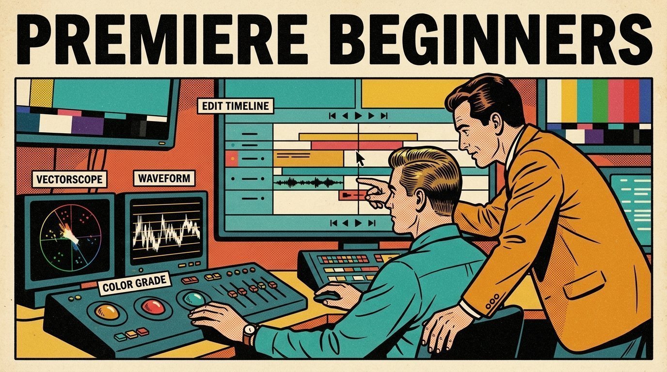 A 1960s mid-century comic book style editorial illustration showing a video editor and a director reviewing the cut together, with an edit timeline on a large screen, a colour grading panel with trackballs, a vectorscope and waveform monitor visible in the frame.
