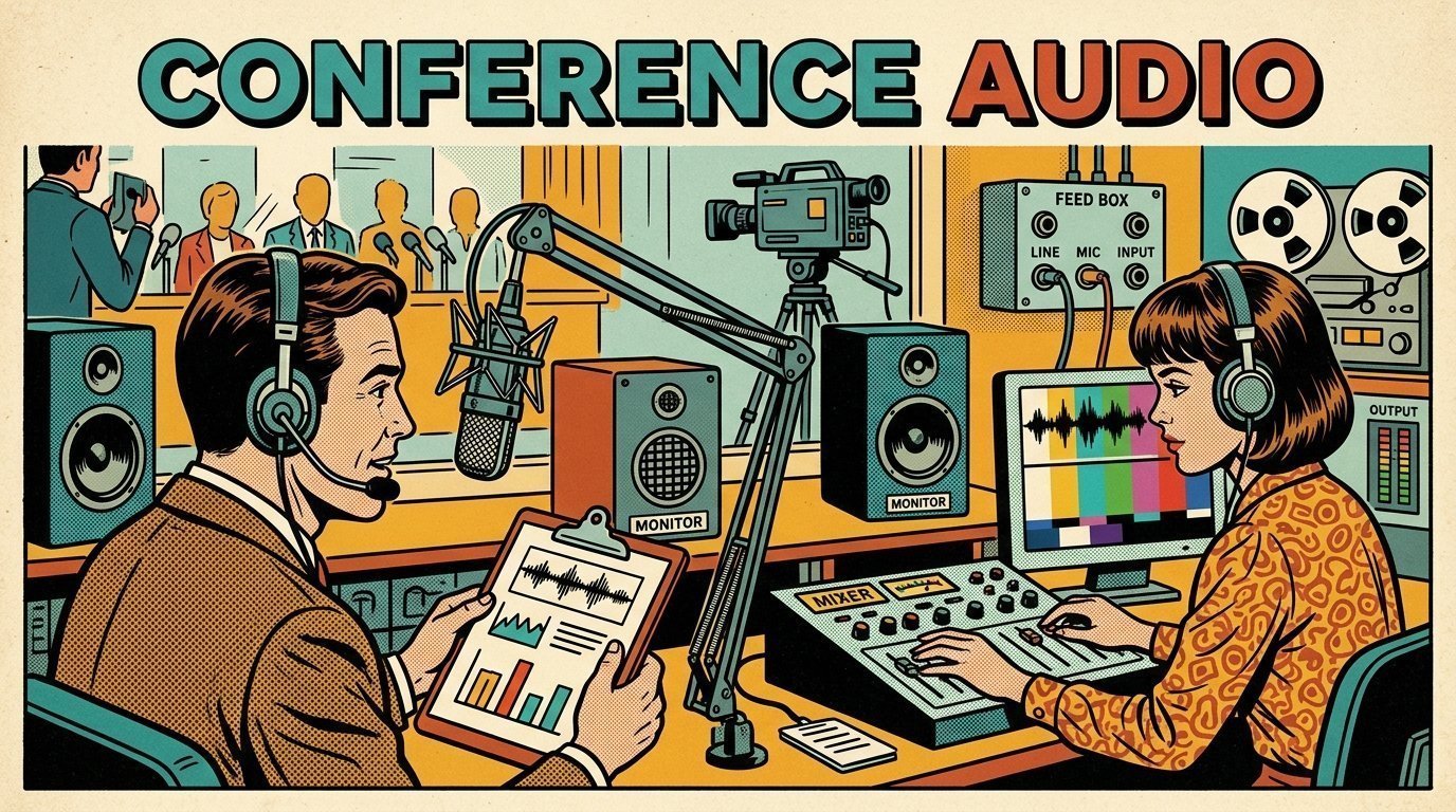 A 1960s mid-century comic book style editorial illustration showing a broadcast journalist and a producer in a newsroom, with a studio microphone on a boom arm, a pair of studio monitors, a camera on a tripod visible in the frame.