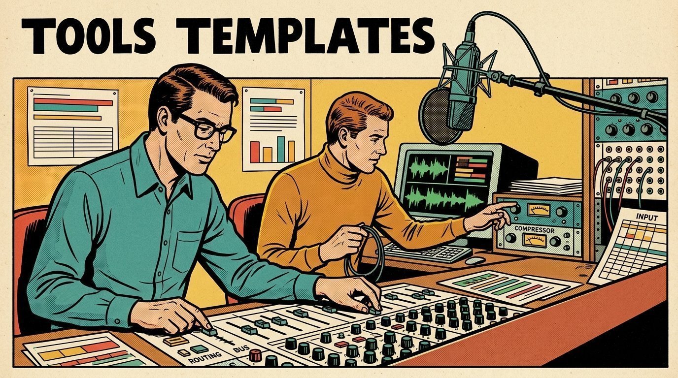 A 1960s mid-century comic book style editorial illustration showing two audio engineers at a mixing desk, with a mixing desk, a studio microphone on a boom arm, an audio waveform display visible in the frame.