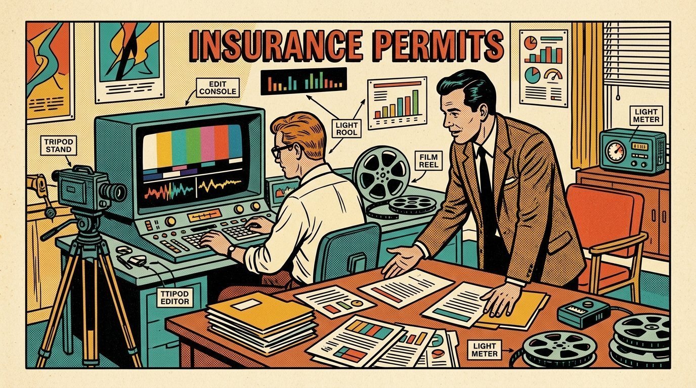 A 1960s mid-century comic book style editorial illustration showing a video editor and a director reviewing the cut together, with a camera tripod visible in the frame.