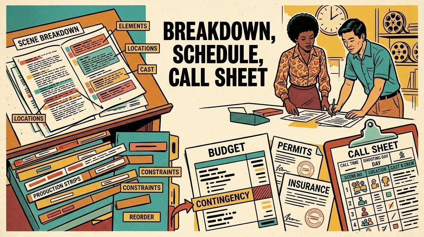 A 1960s mid-century comic book style editorial illustration of a line producer and coordinator breaking down a script into elements, scheduling a stripboard by constraint and issuing a call sheet.