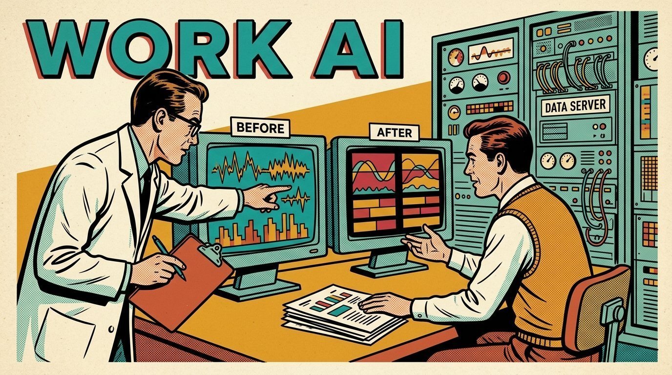 A 1960s mid-century comic book style editorial illustration showing a researcher and an editor comparing machine output against a reference, with two monitors showing a before and after comparison, a rack of servers visible in the frame.