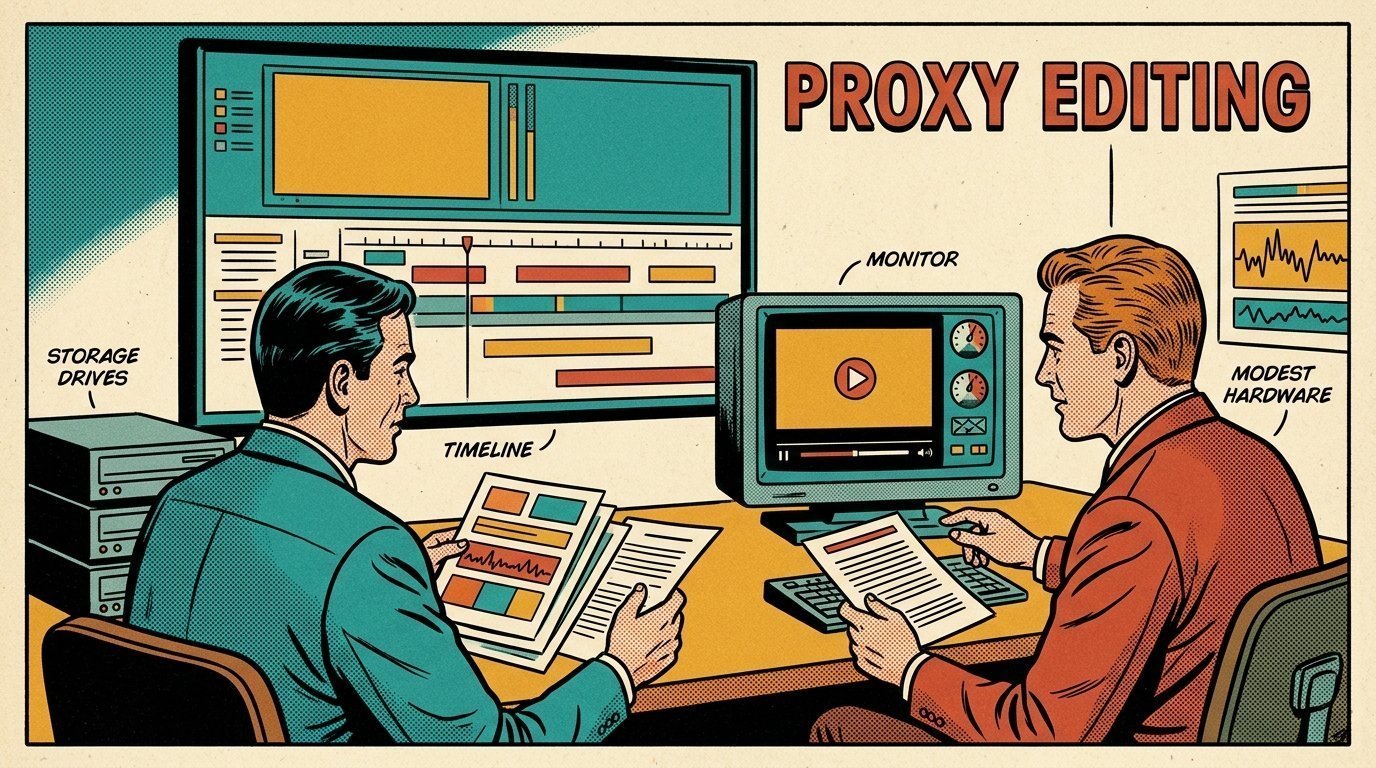 A 1960s mid-century comic book style editorial illustration showing a video editor and a director reviewing the cut together, with an edit timeline on a large screen, a calibrated monitor, stacked storage drives visible in the frame.