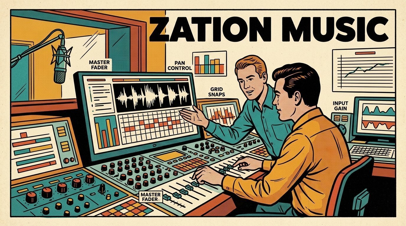 A 1960s mid-century comic book style editorial illustration showing two audio engineers at a mixing desk, with a mixing desk, a studio microphone on a boom arm, an audio waveform display visible in the frame.