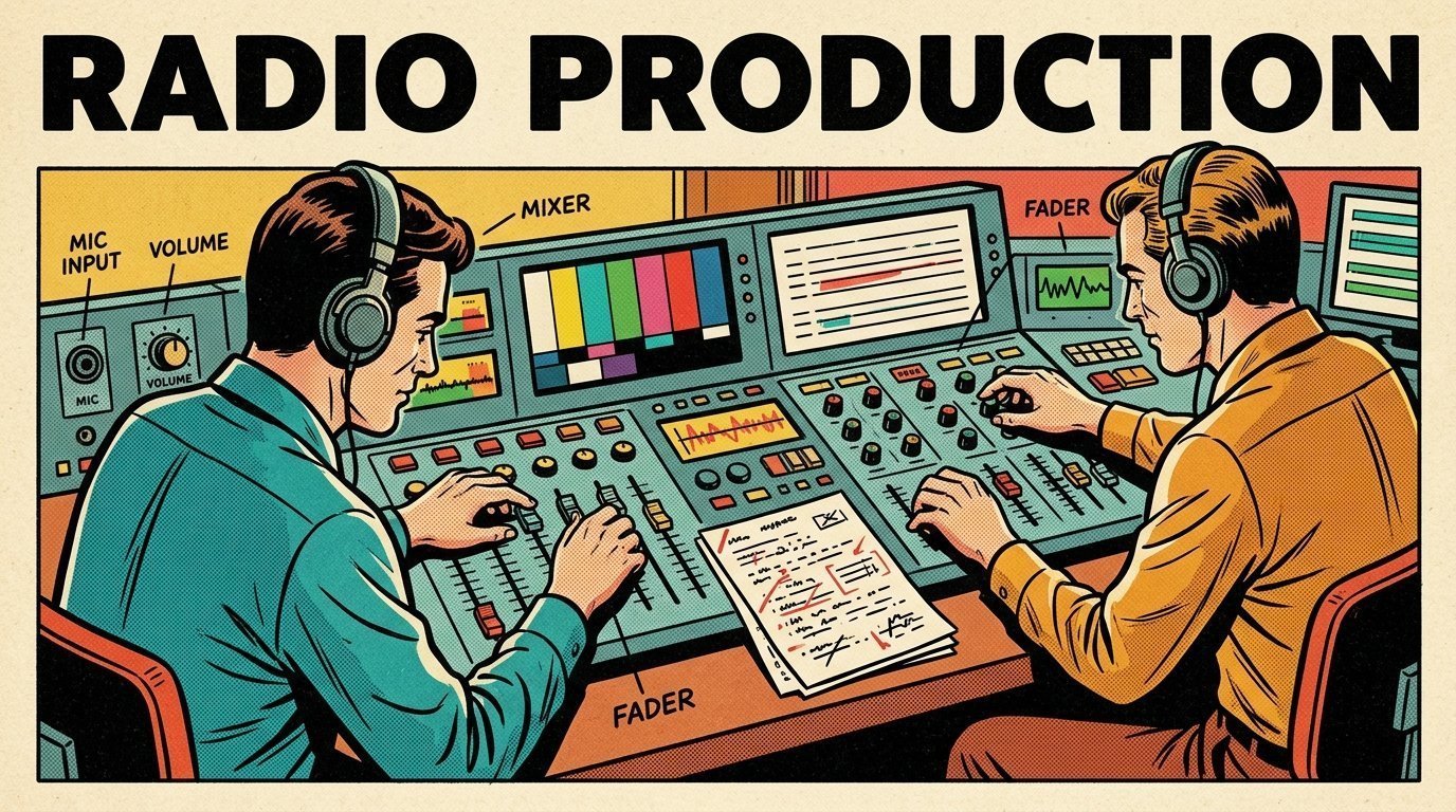 A 1960s mid-century comic book style editorial illustration showing two audio engineers at a mixing desk, with a marked-up script on the desk, closed-back headphones visible in the frame.