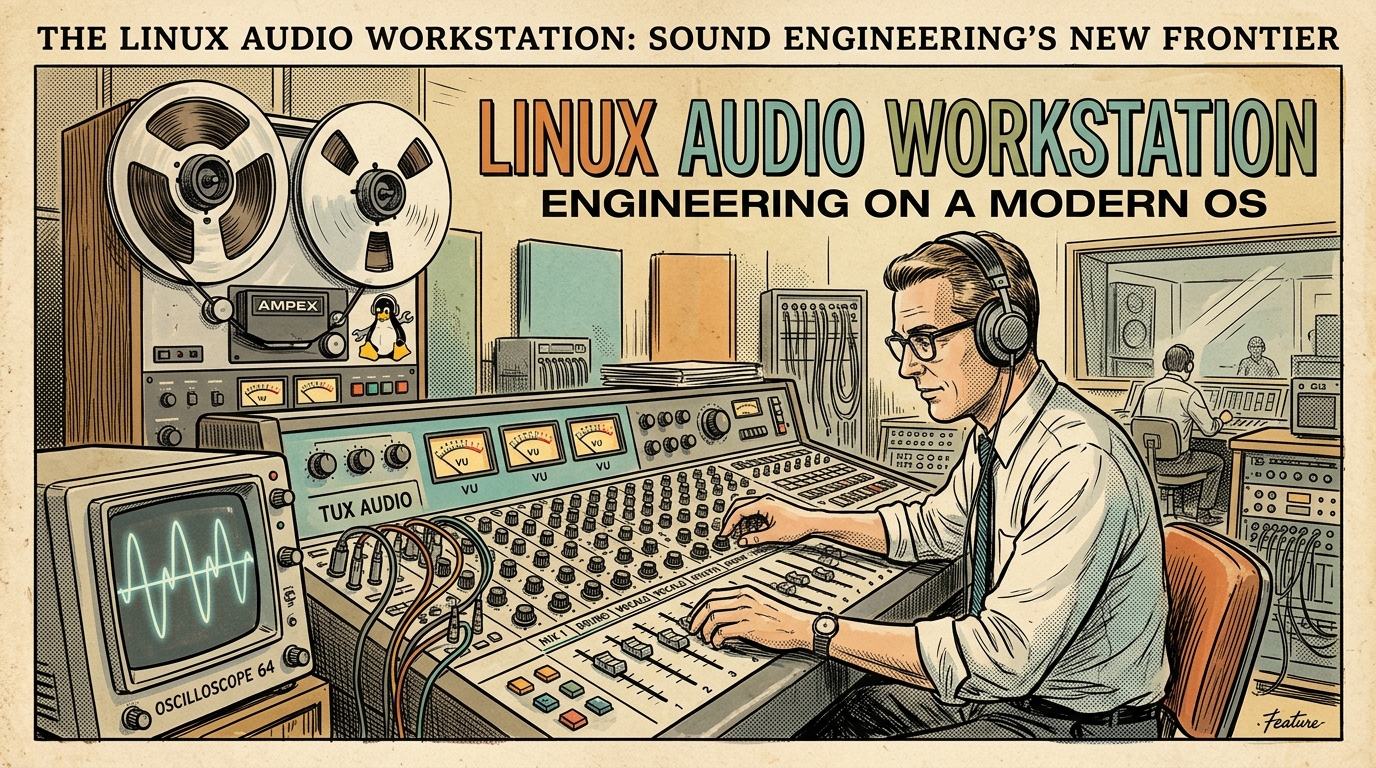 A 1960s mid-century editorial illustration of an audio engineer operating the REAPER digital audio workstation on Linux with analog console VU meters and oscilloscope monitors.