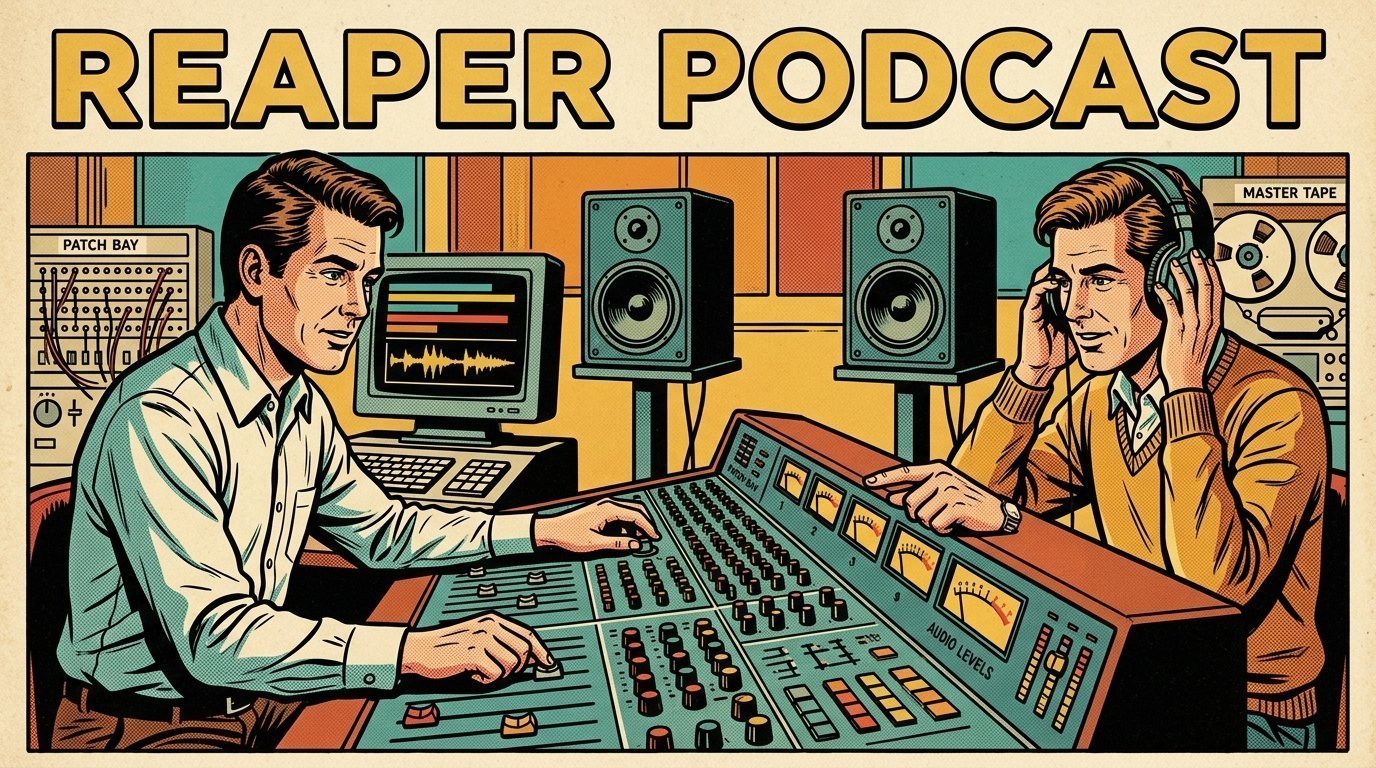 A 1960s mid-century comic book style editorial illustration showing two audio engineers at a mixing desk, with a pair of studio monitors visible in the frame.