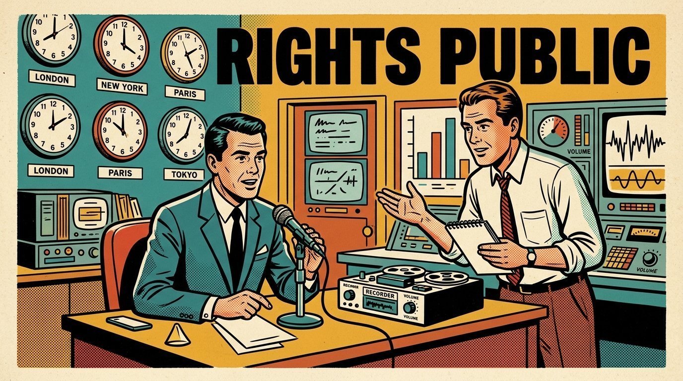 A 1960s mid-century comic book style editorial illustration showing a broadcast journalist and a producer in a newsroom, with a newsroom desk, a field recorder, a wall of clocks visible in the frame.