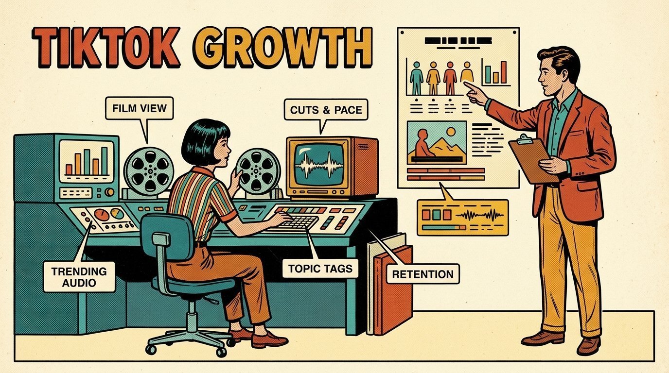 A 1960s mid-century comic book style editorial illustration showing a video editor and a director reviewing the cut together, with a wall chart of figures, caption bars beneath a picture visible in the frame.