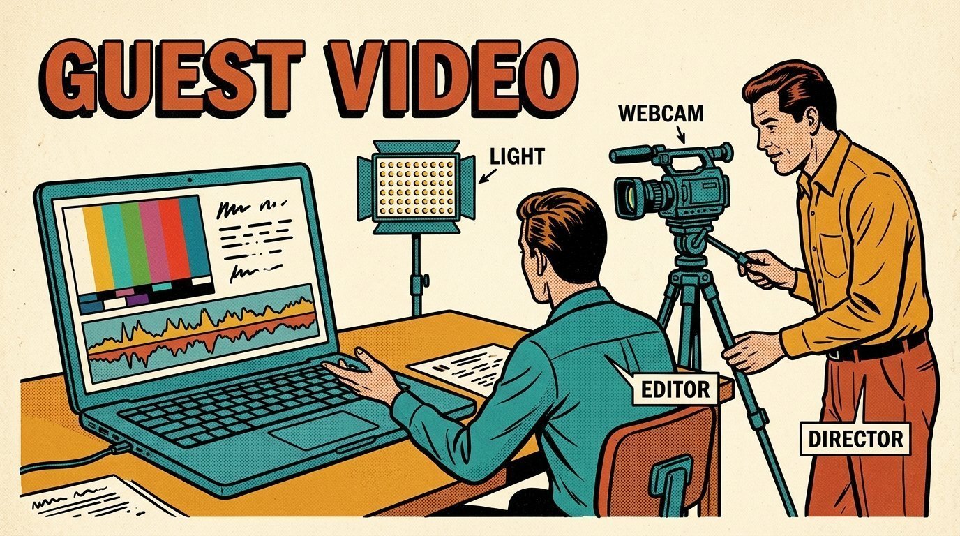 A 1960s mid-century comic book style editorial illustration showing a video editor and a director reviewing the cut together, with a camera on a tripod, an LED panel light on a stand, an open laptop visible in the frame.