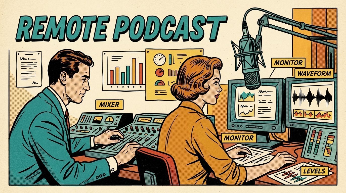 A 1960s mid-century comic book style editorial illustration showing two audio engineers at a mixing desk, with a studio microphone on a boom arm visible in the frame.